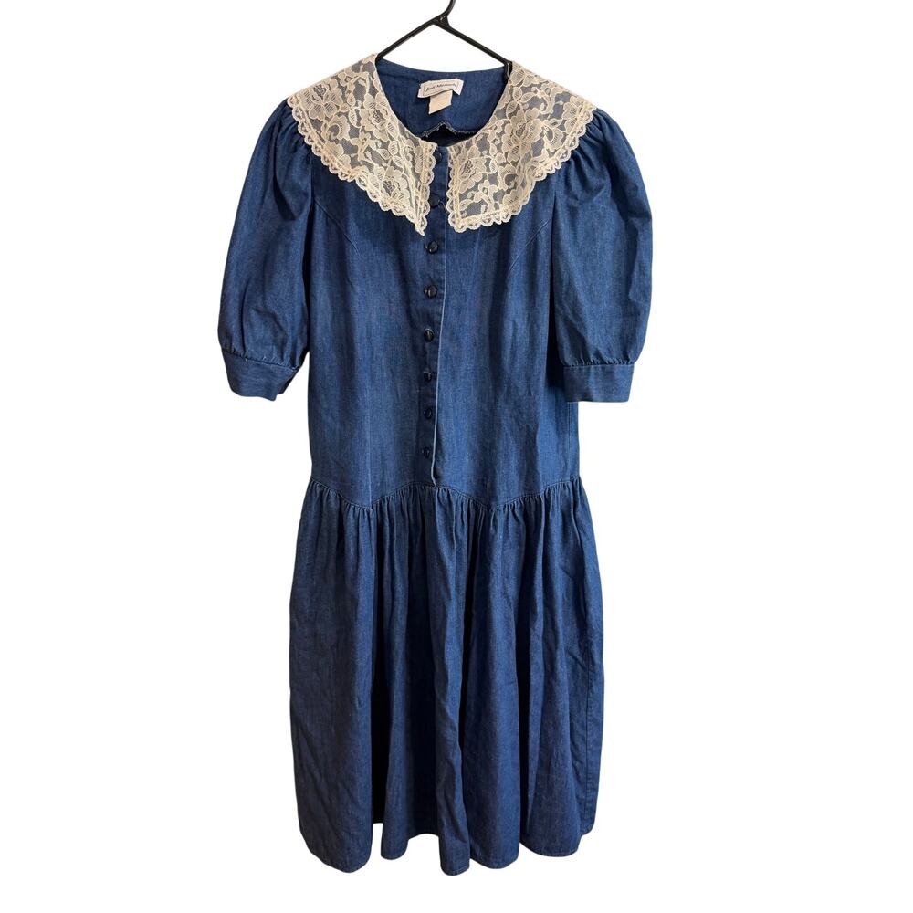 Vintage 1980 Jodi Michaels Denim Dress Lace Peter Pan Collar Drop Waist Sz 13/14